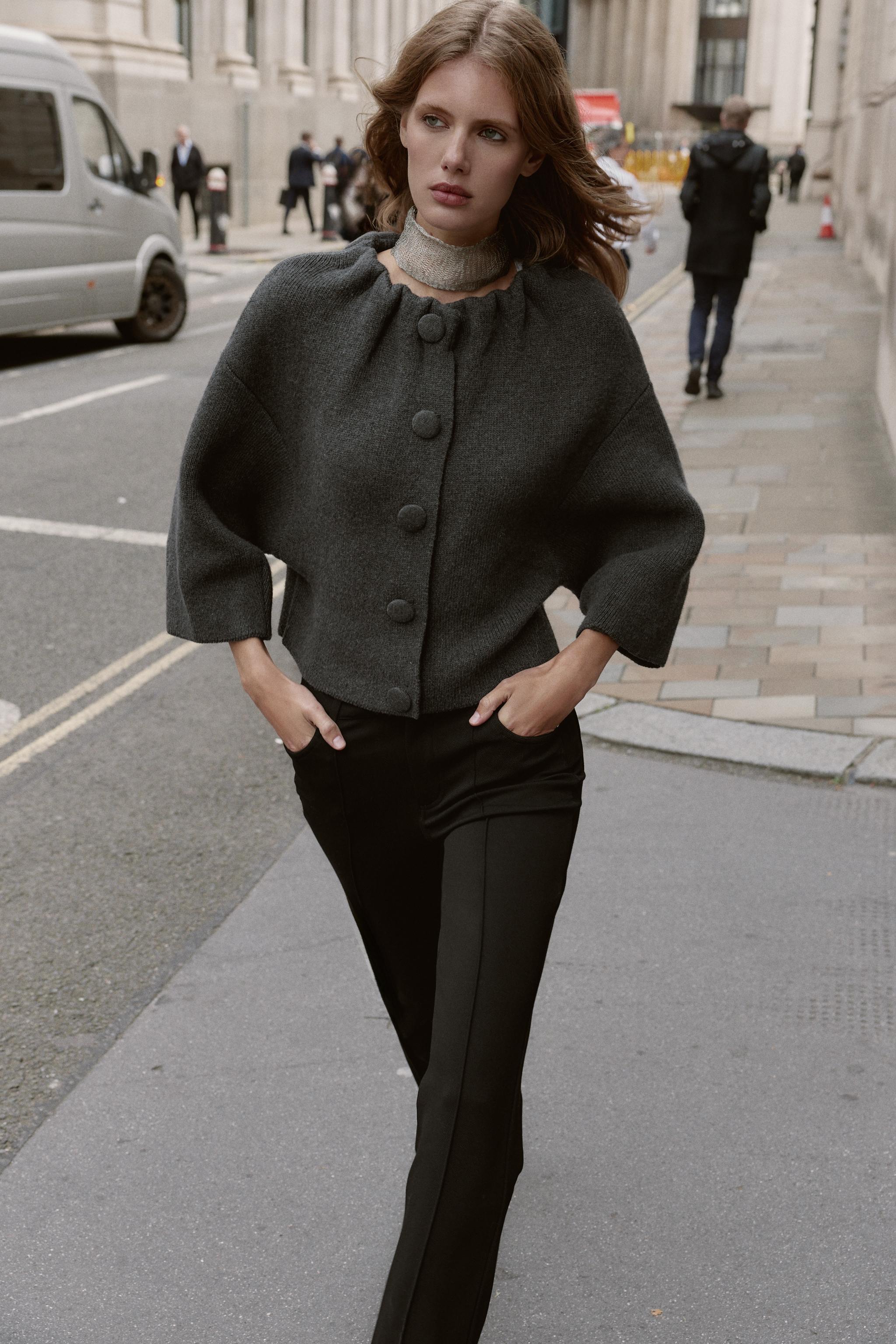 WOOL BLEND BOMBER JACKET WITH RUFFLES AT NECK